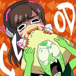 Rule 34 | &gt;:3, 2girls, :3, biting hair, brown hair, crossover, d.va (gremlin), d.va (overwatch), doritos, facial mark, food, food on face, food on hand, green hair, headset, looking at another, lowres, multiple girls, orange background, overwatch, overwatch 1, patterned background, peridot (steven universe), screaming, steven universe, sweat, upper body, v-shaped eyebrows, whisker markings