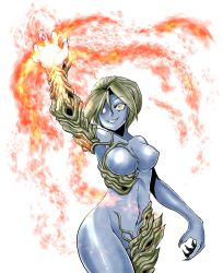 Rule 34 | 1girl, alexia ashford, blue skin, breasts, colored skin, covered erect nipples, female focus, fire, looking at viewer, monster girl, resident evil, resident evil - code: veronica, solo, standing, yellow eyes