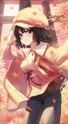Rule 34 | 1girl, absurdres, bakemonogatari, black hair, blue pants, blush, breasts, brown eyes, cabbie hat, closed mouth, commentary, cowboy shot, gnns, hand on headwear, hat, highres, holding, holding clothes, holding jacket, jacket, jacket on shoulders, leaf, long sleeves, looking at viewer, maple leaf, medium hair, monogatari (series), orange hat, orange jacket, orange shirt, outdoors, pants, pouch, red ribbon, ribbon, sengoku nadeko, shirt, small breasts, smile, solo, torii