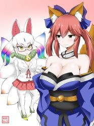 Rule 34 | 10s, 2girls, animal ears, bad id, bad twitter id, bell, bow, breasts, cleavage, collar, comic, commentary request, detached collar, fate/extra, fate (series), fox ears, fox tail, fur trim, geta, glasses, gloves, gradient background, green eyes, hair bow, highres, jacker, jacket, japanese clothes, kemono friends, kimono, kitsune, kyuubi (kemono friends), large breasts, long hair, long sleeves, multicolored hair, multiple girls, multiple tails, neck bell, obi, off shoulder, open clothes, open kimono, open mouth, orange hair, pleated skirt, rope, sash, shimenawa, sidelocks, skirt, smile, tail, tamamo (fate), tamamo no mae (fate/extra), thighhighs, trait connection, white hair, white legwear, wide sleeves, yano toshinori, zettai ryouiki