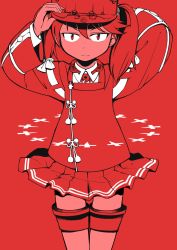 Rule 34 | 1girl, commentary request, go yasukuni, japanese clothes, kantai collection, kariginu, looking at viewer, magatama, miniskirt, onmyouji, pleated skirt, red background, ryuujou (kancolle), shikigami, skirt, solo, twintails, visor cap, wide sleeves