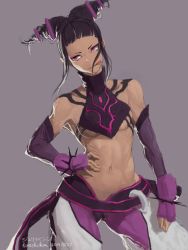 Rule 34 | 1girl, abs, absurdres, baggy pants, bare shoulders, black hair, bracelet, breasts, capcom, chinese clothes, contrapposto, detached sleeves, drill hair, dudou, eyeliner, fingerless gloves, gloves, halterneck, han juri, hand on own hip, highres, hone shoukan, jewelry, licking lips, makeup, midriff, naughty face, navel, pants, pantyhose, pink pantyhose, purple eyes, short twintails, small breasts, solo, spiked bracelet, spiked hair, spikes, standing, street fighter, street fighter iv (series), tongue, tongue out, twin drills, twintails, underboob