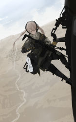 Rule 34 | 1girl, absurdres, aircraft, bag, brown hair, chinese robot kid, earth (planet), grey eyes, grey scarf, gun, hand on weapon, headphones, headset, helicopter, highres, holding, holding weapon, jacket, landscape, long hair, looking down, military, military jacket, military uniform, original, painttool sai (medium), pants, planet, rifle, rope, scarf, solo, twintails, uniform, weapon