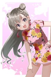Rule 34 | 1girl, :d, absurdres, blue eyes, braid, braided bangs, breasts, commentary request, double bun, dress, earrings, floral print, grey hair, hair bun, hand on own hip, highres, hisakawa hayate, idolmaster, idolmaster cinderella girls, jewelry, leaning to the side, long hair, medium breasts, open mouth, pink background, pink dress, print dress, short sleeves, smile, solo, twitter username, two-tone background, unadon (unadoom), very long hair, white background