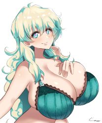 Rule 34 | + +, 1girl, absurdres, alternate breast size, blonde hair, blue eyes, bra, breasts, bursting breasts, cleavage, commission, cross-shaped pupils, enon1129, green bra, highres, huge breasts, long hair, nia teppelin, pixiv commission, signature, simple background, solo, symbol-shaped pupils, tengen toppa gurren lagann, underwear, white background