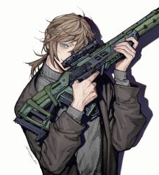 Rule 34 | 1boy, blue eyes, brown hair, brown jacket, grey sweater, gun, highres, holding, holding weapon, jacket, kanae (nijisanji), long sleeves, looking at viewer, low ponytail, male focus, natsu (rodysanp), nijisanji, open clothes, open jacket, short ponytail, simple background, solo, sweater, twitter username, virtual youtuber, weapon, weapon request, white background