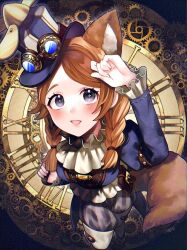 Rule 34 | 1girl, :d, analog clock, animal ears, anne lester, anne lester (paper wings), ascot, belt pouch, black eyes, blue hat, blue jacket, blush, boots, braid, brown hair, clock, cross-shaped pupils, frilled shirt collar, frilled sleeves, frills, from above, full body, gears, goggles, goggles on headwear, grey pants, hand up, hat, highres, identity v, jacket, juliet sleeves, long hair, long sleeves, looking at viewer, official alternate costume, open mouth, pants, ponita, pouch, puffy sleeves, roman numeral, shirt, sleeve garter, smile, solo, squirrel ears, squirrel girl, squirrel tail, striped clothes, striped pants, swept bangs, symbol-shaped pupils, tail, thigh boots, tilted headwear, top hat, twin braids, vertical-striped clothes, vertical-striped pants, white ascot, white footwear, white shirt