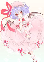 Rule 34 | 1girl, bad id, bad pixiv id, bat wings, blush, dress, female focus, hat, highres, light purple hair, looking at viewer, parted lips, red eyes, remilia scarlet, slit pupils, smile, solo, touhou, wings, wrist cuffs, yutsumoe