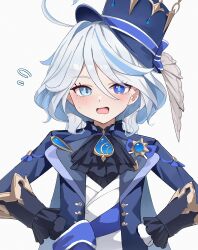 Rule 34 | 1girl, aftamc, ahoge, ascot, black ascot, black gloves, blue brooch, blue hair, blue hat, blue jacket, crying, furina (genshin impact), genshin impact, gloves, hair between eyes, hands on own hips, hat, highres, jacket, light blue hair, long hair, looking at viewer, open mouth, simple background, solo, teardrop, tears, top hat, upper body, white background, white gloves
