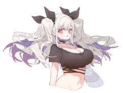 Rule 34 | 1girl, black choker, black ribbon, breasts, choker, cleavage, crop top, cropped torso, ear piercing, floating hair, hair ribbon, large breasts, long hair, looking at viewer, midriff, multicolored hair, navel, open mouth, original, piercing, pink hair, po chino, purple hair, ribbon, shirt, sidelocks, simple background, solo, torn clothes, torn shirt, twintails, upper body, very long hair, white background, white hair