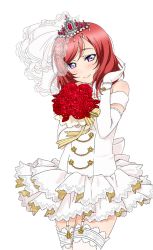 Rule 34 | 1girl, artist request, bare shoulders, blush, bouquet, bow, bracelet, bridal veil, bride, copyright name, dress, elbow gloves, flower, garter straps, gloves, jewelry, looking at viewer, love live!, love live! school idol festival, love live! school idol festival after school activity, love live! school idol project, nishikino maki, official art, purple eyes, red flower, red hair, red rose, rose, short hair, sleeveless, sleeveless dress, smile, solo, thighhighs, tiara, transparent background, veil, wedding dress, white dress, white gloves, white thighhighs