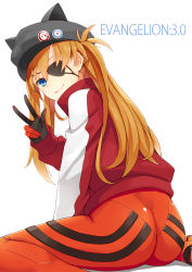Rule 34 | 10s, 1girl, animal hat, ass, badge, blue eyes, bodysuit, button badge, cat hat, copyright name, evangelion: 3.0 you can (not) redo, eyepatch, hat, jacket, lapel pin, long hair, neon genesis evangelion, orange hair, pin, plugsuit, prime, rebuild of evangelion, simple background, sitting, smile, solo, souryuu asuka langley, track jacket, track suit, two side up, v, wariza, white background