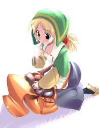 Rule 34 | 1girl, :o, apron, bag, black socks, blonde hair, blush, bottle, box, breasts, chemist, chemist (fft), cleavage, collarbone, final fantasy, final fantasy tactics, finger to mouth, grass, green eyes, hima, kneeling, long hair, long skirt, long sleeves, low ponytail, lowres, open mouth, parted bangs, purple skirt, shoes, simple background, skirt, small breasts, smile, socks, solo, tareme, white apron, white background, yellow footwear