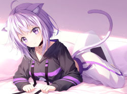 Rule 34 | 1girl, ahoge, animal ear fluff, animal ears, bed sheet, black collar, black hoodie, blush, breasts, cat ears, cat girl, cat tail, closed mouth, collar, collarbone, commentary request, drawstring, highres, hololive, hood, hood down, hoodie, kine-c, long sleeves, looking at viewer, lying, medium breasts, midriff, nekomata okayu, nekomata okayu (1st costume), on stomach, pants, pillow, purple eyes, purple hair, smile, solo, tail, virtual youtuber, white pants