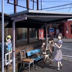 3girls, adapted costume, ahoge, bag, beige cardigan, bench, black hair, black legwear, black skirt, blue eyes, braid, brown footwear, brown hair, bus stop, c2-chan, c2 kikan, cardigan, character name, crossover, dress, full body, glasses, green eyes, grey dress, hair flaps, hair over shoulder, highres, id card, kantai collection, kneehighs, loafers, low ponytail, multiple girls, necktie, official alternate costume, pantyhose, photo background, red neckwear, remodel (kantai collection), sailor dress, shed, shigure (kancolle), shoes, single braid, sitting, skirt, sugue tettou, twin braids
