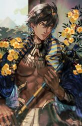 Rule 34 | 1boy, :|, abs, ahoge, alternate costume, blue cape, brown hair, cape, closed mouth, commentary, dark-skinned male, dark skin, earrings, egyptian, egyptian clothes, expressionless, fate/grand order, fate/prototype, fate/prototype: fragments of blue and silver, fate (series), flower, gold, hair between eyes, highres, holding, holding staff, holding weapon, jewelry, light particles, long sleeves, looking at viewer, male focus, nipples, ozymandias (fate), pharaoh, pyramid (structure), sakura hitsuji, short hair, smile, solo, staff, striped, symbol-only commentary, toned, toned male, topless male, twitter username, upper body, weapon, yellow eyes, yellow flower