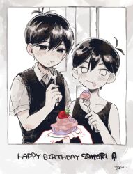 Rule 34 | 2boys, :t, antenna hair, black eyes, black hair, black tank top, black vest, border, cake, character name, chewing, collarbone, collared shirt, commentary, dual persona, eating, expressionless, food, food on face, fork, fruit, grey border, happy birthday, highres, holding, holding fork, looking at viewer, looking down, male focus, multiple boys, omomomizu, omori, omori (omori), plate, polaroid, shirt, short hair, signature, strawberry, sunny (omori), symbol-only commentary, tank top, upper body, vest, white eyes, white shirt