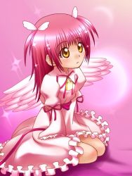 Rule 34 | amulet angel, angel wings, awa, dress, frills, hinamori amu, lock, padlock, pink hair, ribbon, shugo chara!, sitting, solo, twintails, wings, yellow eyes