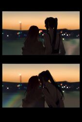 Rule 34 | 2girls, black border, blurry, blurry background, border, chinese commentary, collared shirt, commentary request, dusk, from behind, horizon, imminent kiss, long hair, long sleeves, miix777, multiple girls, noses touching, off shoulder, outdoors, path to nowhere, ponytail, rahu (path to nowhere), shalom (path to nowhere), shirt, suspenders, upper body, yuri