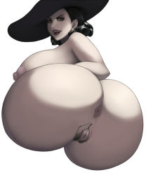 Rule 34 | 1girl, alcina dimitrescu, anal hair, anus, ass, ass focus, black hair, black hat, breasts, brown eyes, cowboy shot, cropped legs, curvy, earrings, female focus, female pubic hair, from behind, hat, huge ass, huge breasts, jewelry, lips, looking at viewer, looking back, mature female, medium hair, nipples, nude, open mouth, pubic hair, puffy areolae, pussy, red lips, resident evil, resident evil village, simple background, solo, sun hat, sunset, uncensored, white background, yellow eyes, zetxsuna