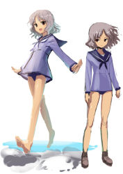Rule 34 | 1girl, barefoot, feet, female focus, full body, grey hair, messy (efuya), messy hair, open mouth, original, sailor, school uniform, smile, soles, solo, strike witches, swimsuit, toes, world witches series