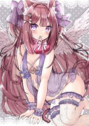 Rule 34 | 1girl, absurdres, angel, angel wings, animal ears, ass, babydoll, blunt bangs, blush, bow, box, breasts, bridal garter, brown hair, cat ears, cat girl, cat tail, feathered wings, fishnet thighhighs, fishnets, floral print, hair bow, hair ornament, hair ribbon, hairclip, halo, heart, heart-shaped box, heart hair ornament, highres, hinao, liquid halo, long hair, looking at viewer, melting halo, mouth hold, navel, no shoes, original, purple eyes, ribbon, ribbon in mouth, rose print, see-through, see-through bow, small breasts, smile, solo, sparkle, tail, thighhighs, two side up, very long hair, wings, wrist cuffs