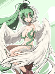 Rule 34 | 1girl, bad id, bad pixiv id, breasts, endou chihiro, female focus, green eyes, green hair, harpy, large breasts, long hair, matching hair/eyes, monster collection, monster girl, navel, open mouth, ponytail, shoes, sitting, solo, white wings, winged arms, wings
