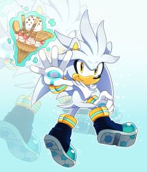 Rule 34 | 1boy, food, furry, furry male, gloves, highres, ice cream, ice cream cone, looking at viewer, shoes, silver the hedgehog, simple background, solo, sonic (series), sonictheedgehog, telekinesis, white gloves