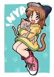Rule 34 | 1girl, animal, animal ear headwear, baseball cap, birobomb, blue background, boots, border, brown eyes, brown hair, can, cat, cat tail, crossed arms, fake animal ears, fangs, hat, holding, holding animal, holding cat, looking at viewer, open mouth, original, outside border, paw print, paw print background, pink footwear, short hair, tail, teeth, upper teeth only, white border, yellow raincoat
