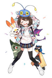 Rule 34 | 1girl, alternate costume, arms up, axew, black thighhighs, brown hair, chinchou, closed eyes, commentary request, creatures (company), dynamax band, eyelashes, game freak, gen 2 pokemon, gen 3 pokemon, gen 5 pokemon, gen 8 pokemon, gloria (pokemon), happy, highres, legs apart, nintendo, on head, open mouth, plaid, plaid skirt, pleated skirt, pokemon, pokemon (creature), pokemon on head, pokemon swsh, purrloin, q (user cvec4257), ribbed sweater, rookidee, scorbunny, shoes, short hair, skirt, smile, snorunt, sweater, teeth, thighhighs, tongue, white background, white footwear, white sweater
