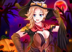 Rule 34 | 1girl, black headwear, blonde hair, blue eyes, breasts, brown gloves, cleavage, earrings, fang, gloves, hat, highres, jack-o&#039;-lantern, jack-o&#039;-lantern earrings, jewelry, large breasts, martwi1k, medium hair, mercy (overwatch), overwatch, red scarf, scarf, upper body, witch, witch hat, witch mercy