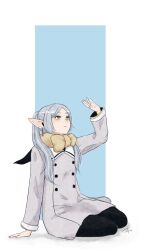 Rule 34 | 1girl, black pantyhose, blue background, botati, coat, commentary request, dangle earrings, earrings, elf, frieren, green eyes, grey coat, grey hair, highres, jewelry, long hair, long sleeves, looking at hand, pantyhose, parted bangs, pointy ears, ring, scarf, sitting, smile, solo, sousou no frieren, sparkle, twintails, two-tone background, wariza, white background, winter clothes, winter coat, yellow scarf, yokozuwari