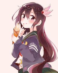 Rule 34 | 10s, 1girl, :q, alternate hair color, black hair, blush, cardigan, crescent, crescent pin, food, from side, hair between eyes, hair ornament, ice cream, itomugi-kun, jacket, kantai collection, kisaragi (kancolle), kisaragi kai ni (kancolle), long hair, long sleeves, looking at viewer, looking to the side, purple eyes, purple hair, red eyes, school uniform, serafuku, skirt, smile, solo, tongue, tongue out