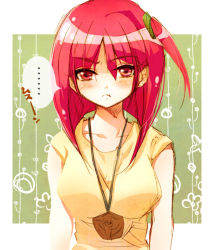 Rule 34 | ..., 1girl, frown, jewelry, magi the labyrinth of magic, morgiana, pendant, pout, red eyes, red hair, shinogi k, short hair, side ponytail, solo