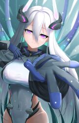Rule 34 | 1girl, absurdres, aqua pupils, azur lane, black gloves, black jacket, blue gloves, breasts, closed mouth, commentary request, covered navel, cowboy shot, gloves, hair between eyes, hand on own chest, headgear, highleg, highleg leotard, highres, horns, jacket, kearsarge (azur lane), large breasts, leotard, long hair, long sleeves, looking at viewer, mechanical horns, multicolored clothes, multicolored jacket, partial commentary, purple eyes, reaching, reaching towards viewer, riore (0808), shrug (clothing), sidelocks, smile, solo, standing, taut leotard, textless version, two-tone gloves, two-tone jacket, very long hair, white hair, white jacket, white leotard