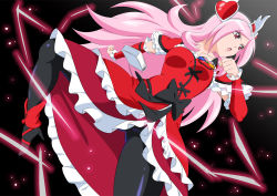Rule 34 | 1girl, black background, black bow, black pantyhose, bow, breasts, cure passion, detached sleeves, dress, floating hair, fresh precure!, frilled dress, frilled sleeves, frills, fuchi (nightmare), hair ornament, hairband, heart, heart hair ornament, high heels, layered dress, layered sleeves, lolita fashion, long hair, long sleeves, medium breasts, open mouth, pantyhose, parted bangs, pink hair, precure, red dress, red eyes, red sleeves, short sleeves, solo, standing, standing on one leg, very long hair, white hairband