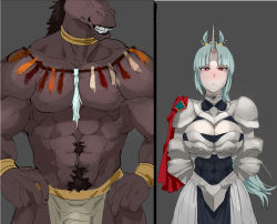 Rule 34 | 1boy, 1girl, animal ears, aqua hair, armor, blush, breasts, cleavage, cleavage cutout, clothing cutout, female knight, furry, furry with non-furry, horns, horse boy, horse ears, horse girl, horse tail, interspecies, knight, loincloth, long hair, looking at viewer, mikazukisou, monster girl, muscular, muscular male, original, single horn, smile, tail, unicorn girl