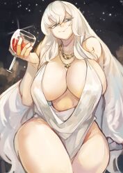 Rule 34 | 1girl, :&gt;, absurdres, alcohol, blue eyes, breasts, character request, cup, dress, drinking glass, eyelashes, female focus, half-closed eyes, head tilt, highres, huge breasts, larribee, looking at viewer, pale skin, smile, smug, solo, standing, thick thighs, thighs, white dress, white hair, wide hips, wine, wine glass