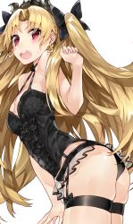 Rule 34 | 1girl, absurdres, ass, bare arms, bare shoulders, black bow, black panties, black ribbon, blonde hair, blush, bow, breasts, bustier, cleavage, cowboy shot, earrings, ereshkigal (fate), fate/grand order, fate (series), garter straps, hair bow, hair ribbon, hand up, highres, infinity symbol, jewelry, kou mashiro, leaning forward, long hair, looking at viewer, medium breasts, open mouth, panties, parted bangs, red eyes, ribbon, round teeth, simple background, skindentation, solo, standing, sweat, tareme, teeth, thigh strap, tiara, tohsaka rin, two side up, underwear, underwear only, upper teeth only, very long hair, white background