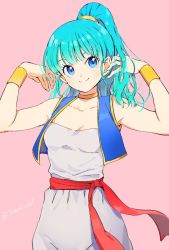 Rule 34 | 1girl, aqua hair, armpit peek, arms up, bare arms, bare shoulders, blue eyes, bracelet, breasts, bulma, choker, cleavage, collarbone, dragon ball, dragon ball (classic), egyptian clothes, eyelashes, hand in own hair, happy, high ponytail, jewelry, libeuo (liveolivel), long hair, looking up, medium breasts, pants, pink background, ponytail, shirt, simple background, sleeveless, sleeveless shirt, smile, solo, standing, twitter username, waistcoat, white pants, white shirt