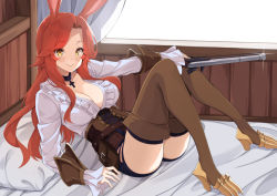Rule 34 | 1girl, animal ears, arm support, bed, black thighhighs, blush, boots, breasts, brown eyes, brown footwear, choker, cleavage, closed mouth, commission, cross, cross choker, fantasy, freckles, gun, high heel boots, high heels, holding, holding gun, holding weapon, indoors, kaosu kun, large breasts, long hair, long sleeves, looking at viewer, lying, on back, original, pillow, rabbit ears, red hair, smile, solo, thigh boots, thighhighs, thighhighs under boots, very long hair, weapon, window