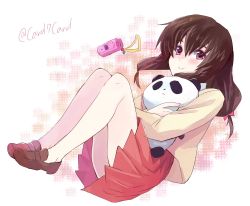 Rule 34 | 1girl, bow, brown footwear, brown hair, cellphone, closed mouth, flip phone, full body, gundam, gundam seed, gundam seed destiny, hair between eyes, hair bow, highres, holding, holding stuffed toy, loafers, long sleeves, mayu asuka, miniskirt, phone, pink bow, pleated skirt, red eyes, red skirt, shoes, sketch, skirt, smile, solo, stuffed animal, stuffed toy, twitter username, white background, yuuka seisen