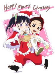 Rule 34 | 1boy, 1girl, basket, boots, candy, carrying, christmas, commentary request, cross-laced footwear, food, fur-trimmed pants, fur trim, gloves, hat, holding, holding basket, kamado tanjirou, kimetsu no yaiba, lace-up boots, lifting another&#039;s clothes, merry christmas, pants, picnic basket, red gloves, san mon, santa costume, santa hat, scar, scar on face, smile, teeth, tsuyuri kanao