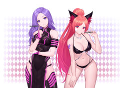 Rule 34 | 2girls, animal ear fluff, animal ears, argyle, argyle background, argyle clothes, armband, bandage on face, bandages, bare arms, bare shoulders, bikini, black bikini, black dress, black legwear, blade &amp; soul, breasts, cleavage, commission, covered navel, cowboy shot, dress, fox ears, halterneck, hand on own thigh, hand up, head tilt, index finger raised, jewelry, large breasts, long hair, looking at viewer, lyn (blade &amp; soul), multi-strapped bikini, multiple girls, navel, necklace, pelvic curtain, ponytail, purple eyes, purple hair, red eyes, red hair, siun, sleeveless, sleeveless dress, smile, standing, stomach, swimsuit, tattoo, thighhighs, thighs, v, very long hair