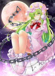 Rule 34 | 1girl, aka tawashi, blush, bobby socks, bow, bowtie, breasts, capelet, chain, clock, commentary request, crescent print, dress, full body, full moon, green eyes, green hair, hair between eyes, hand up, hat, highres, kazami yuuka, kazami yuuka (pc-98), knees up, long hair, long sleeves, looking at viewer, medium breasts, moon, night, night sky, nightcap, nightgown, outdoors, petticoat, pink capelet, pink dress, pink footwear, pink hat, red bow, red bowtie, roman numeral, sitting, sky, slippers, smile, socks, solo, star (symbol), star print, touhou, touhou (pc-98), white socks, wing collar