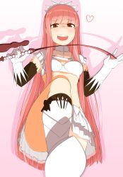 Rule 34 | 1girl, :d, bad id, bad pixiv id, blunt bangs, bra, brown eyes, fate/grand order, fate (series), gloves, heart, leg up, long hair, md5 mismatch, medb (fate), midriff, naughty face, open mouth, pink hair, riding crop, smile, solo, tiara, underwear, yoosai