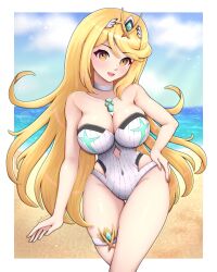 Rule 34 | 1girl, blonde hair, breasts, celischo, large breasts, mythra (radiant beach) (xenoblade), mythra (xenoblade), solo, xenoblade chronicles (series), xenoblade chronicles 2