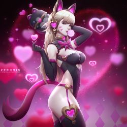 Rule 34 | 1girl, animal ears, ass, black cat d.va, black gloves, black thighhighs, blonde hair, bow, breasts, blowing bubbles, cat ears, cleavage, commentary, d.va (overwatch), elbow gloves, english commentary, facial mark, fake animal ears, gloves, headphones, heart, highres, hip focus, looking at viewer, overwatch, overwatch 1, pink bow, solo, tail, thighhighs, whisker markings, zeronis