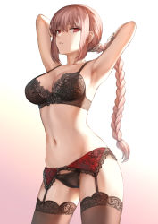 Rule 34 | 1girl, armpits, arms behind head, arms up, backlighting, black bra, black panties, black thighhighs, bra, braid, breasts, cleavage, cowboy shot, fate/grand order, fate (series), florence nightingale (fate), from side, garter belt, garter straps, gloves, gradient background, hair between eyes, highres, lace, lace-trimmed legwear, lace trim, large breasts, legs apart, long hair, looking at viewer, mashuu (neko no oyashiro), medium breasts, navel, panties, parted lips, pink background, pink hair, red eyes, simple background, single braid, solo, standing, thighhighs, underwear, underwear only, white background