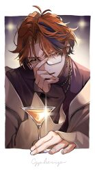 Rule 34 | 1boy, antenna hair, bespectacled, black hair, blurry, blurry background, border, brown jacket, brown shirt, chain earrings, chain necklace, cocktail, cocktail glass, cup, drinking glass, earrings, glasses, head rest, heterochromia, highres, holding, holding cup, holostars, jacket, jewelry, looking at viewer, male focus, mole, mole under eye, moneko, necklace, official alternate costume, orange eyes, orange hair, outside border, parted bangs, parted lips, purple eyes, shirt, short hair, sleeves past wrists, solo, turtleneck, upper body, virtual youtuber, white border, yukoku roberu